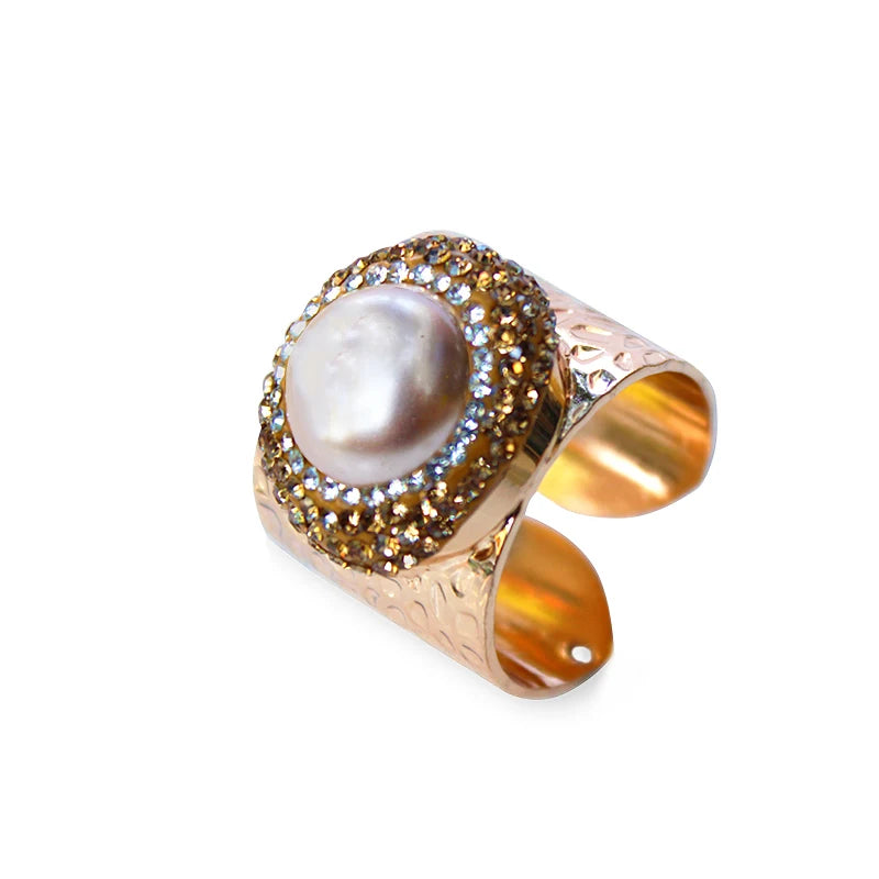 Micro Inlay Full Rhinestone Gold Plated Pearl Bride Engagement Wedding Open Ring Resizable