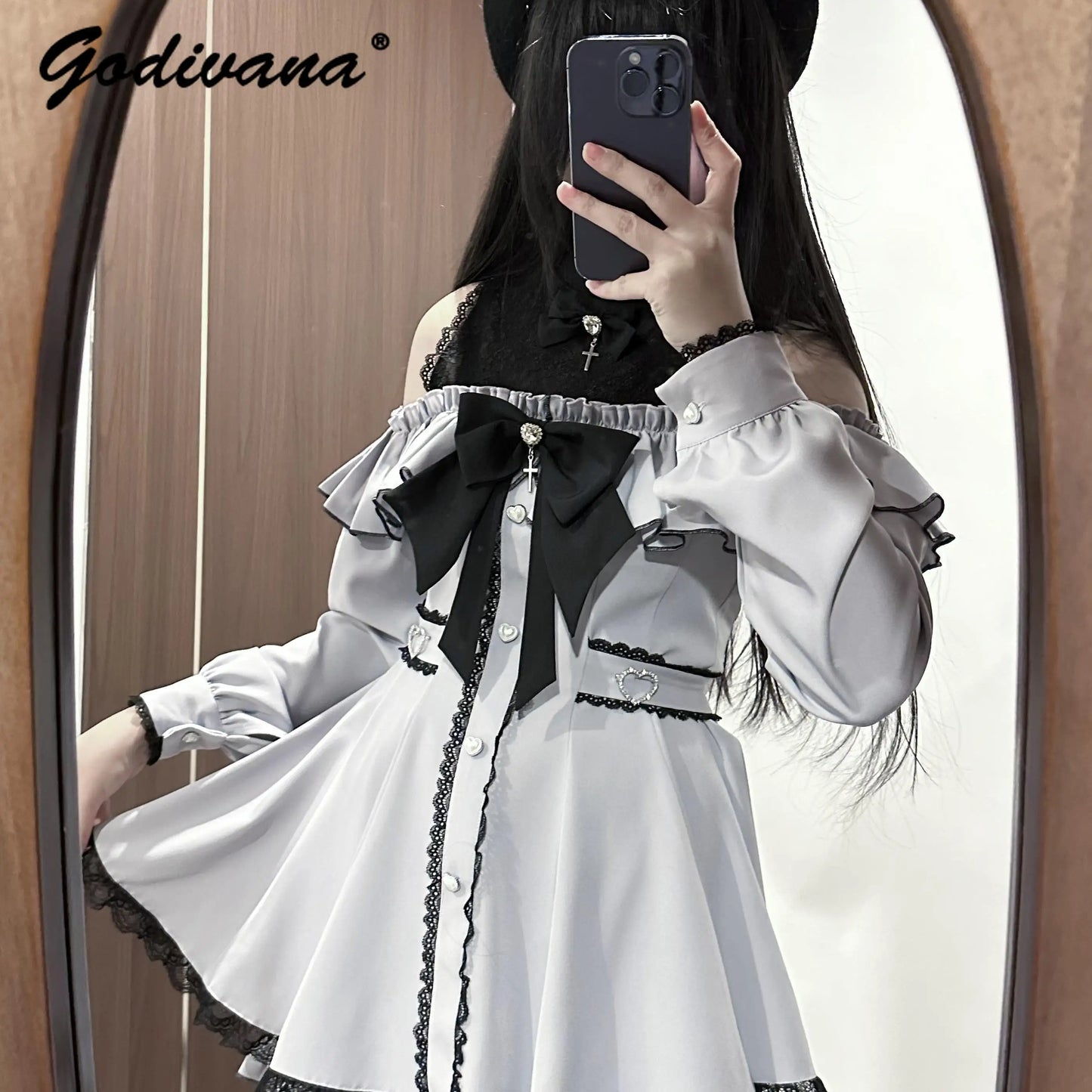 Japanese Mass-produced Off-the-shoulder Lace Splicing Long-sleeved Bow Shirt Dress and Shorts 2 Piece Dress Set Lolita Outfits