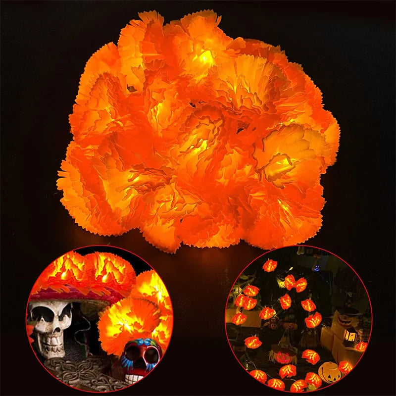 Mexican Marigold Artificial Flowers Day Of The Dead Diy Home Outdoor Decor Halloween Diwali Party 1.5m Garland String Lights