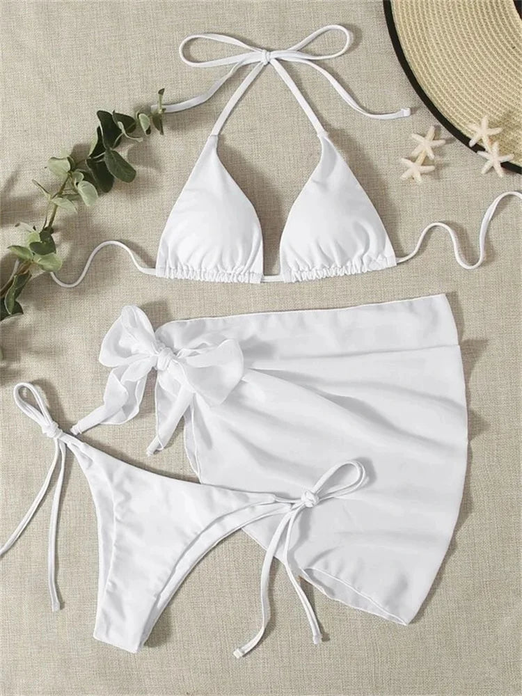 Sexy Solid Brown Bikinis Set Women Ribbed Halter Push Up Mesh Skirt Swimsuit 2024 Mujer Brazilian Bathing Suit Cover Up Swimwear