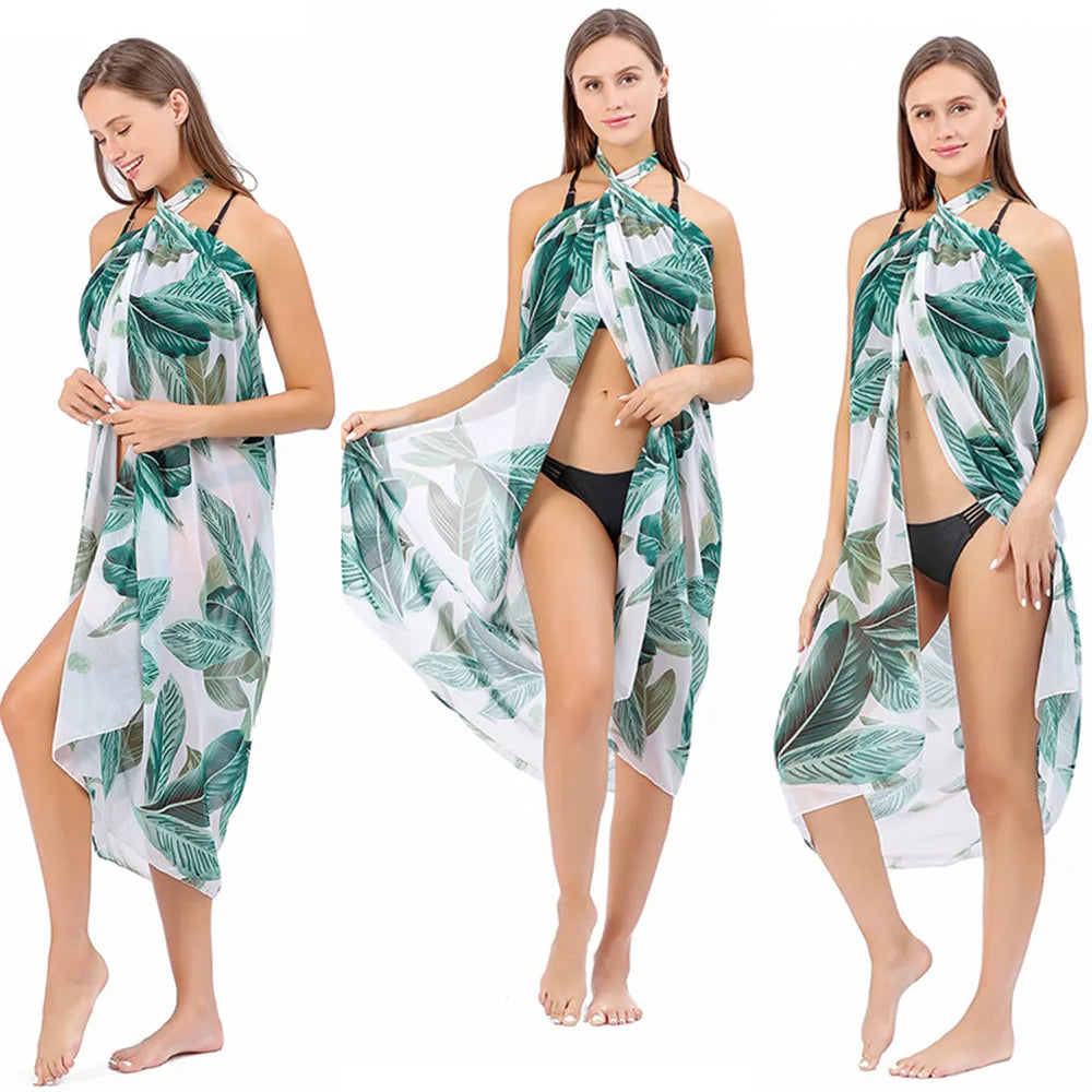 Women Long  Print Sarongs Swimsuit Coverups Beach Bikini Wrap Sheer Long Skirt Chiffon Scarf Cover Ups for Swimwear