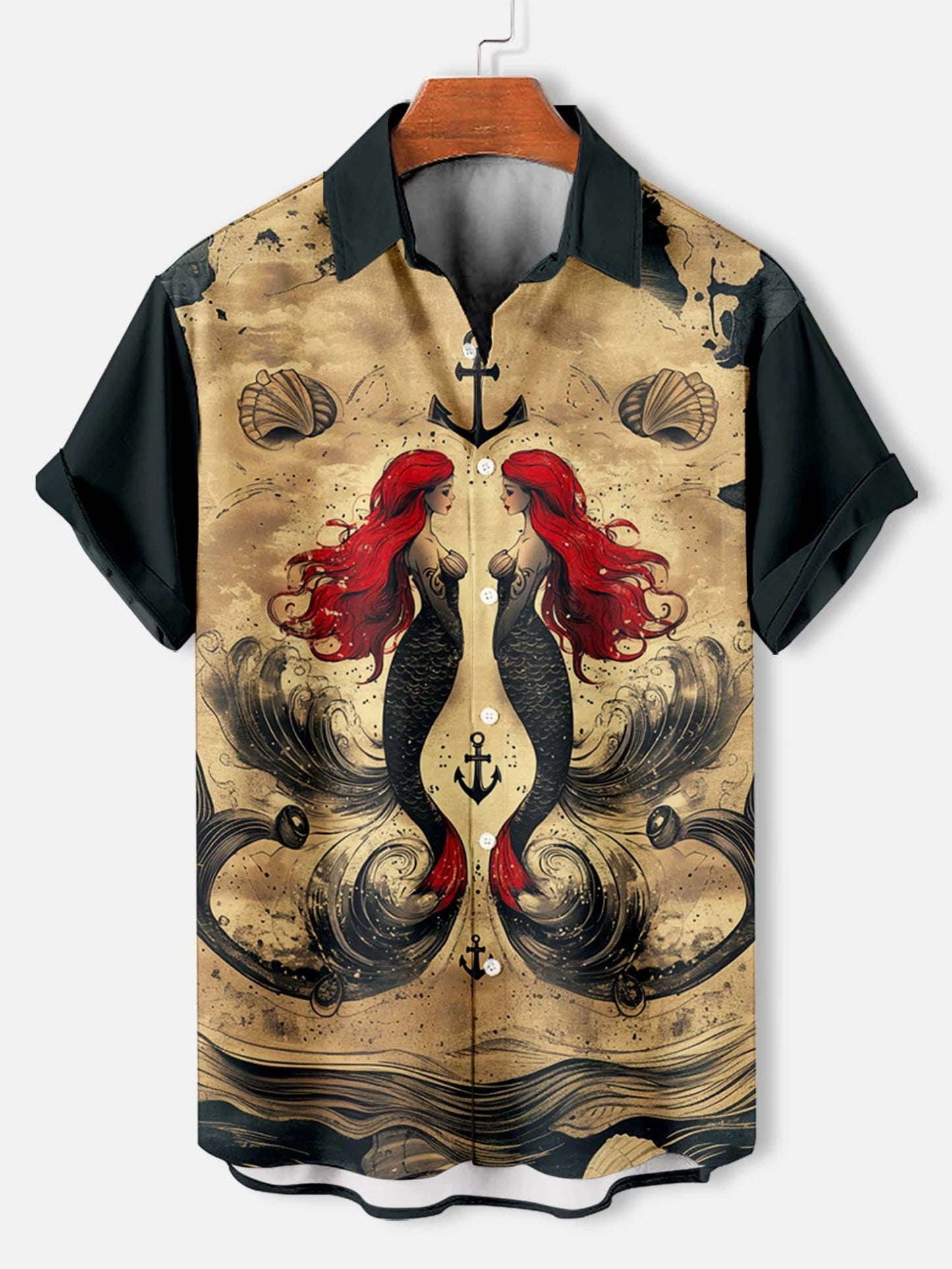 Retro Mermaid Pattern Men's Shirt Short Sleeve Shirts Button Down Lapel Shirts Oversized Tops Casual Hawaiian Shirt for Men