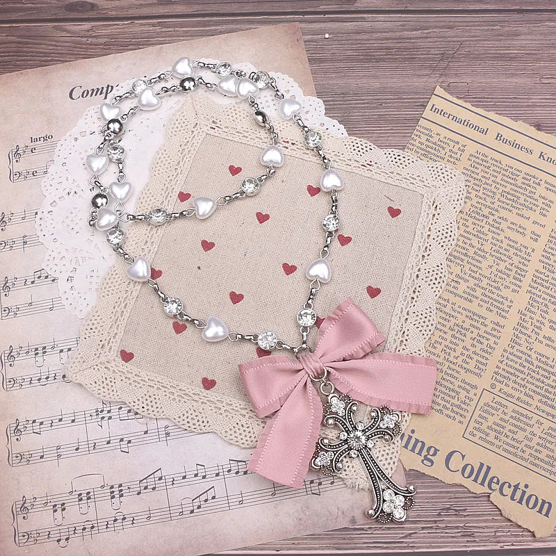 Lolita Style Accessories Beads Fashion Jewelry Handmade Necklace Rhinestone Cross Love Chain Long Necklace for Women