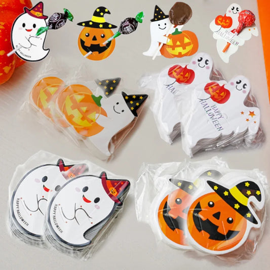 50/100PCS Halloween Paper Lollipop Cards Cute Pumpkin Ghost Candy Packaging Cards for Trick or Treat Halloween Decoration
