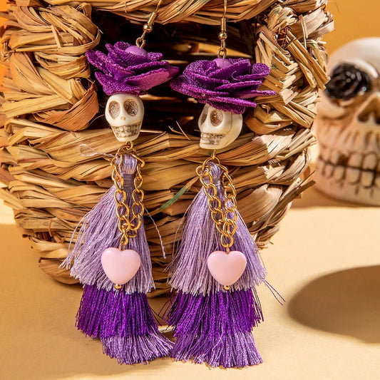 Halloween Skeleton Bride Skull Tassel Ear Dangle Earrings for Women Gothic Skull Drop Earrings Festival Party Jewelry Gift