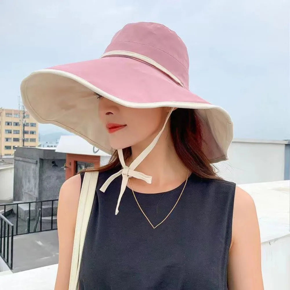 Solid Color Wide Brim Sun Hat Korean Style Anti-UV Sun Protection Hat Fisherman Hat with Neck Rope Women Bucket Hat Ladies