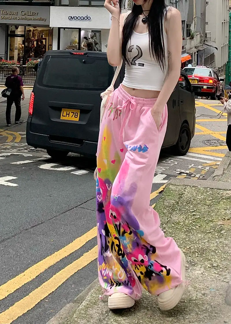 Kawaii Cute Dopamine Graffiti Casual Pants Women Tie Dye Summer Elastic High Waiste Drawstring Pockets Loose Wide Leg Trousers