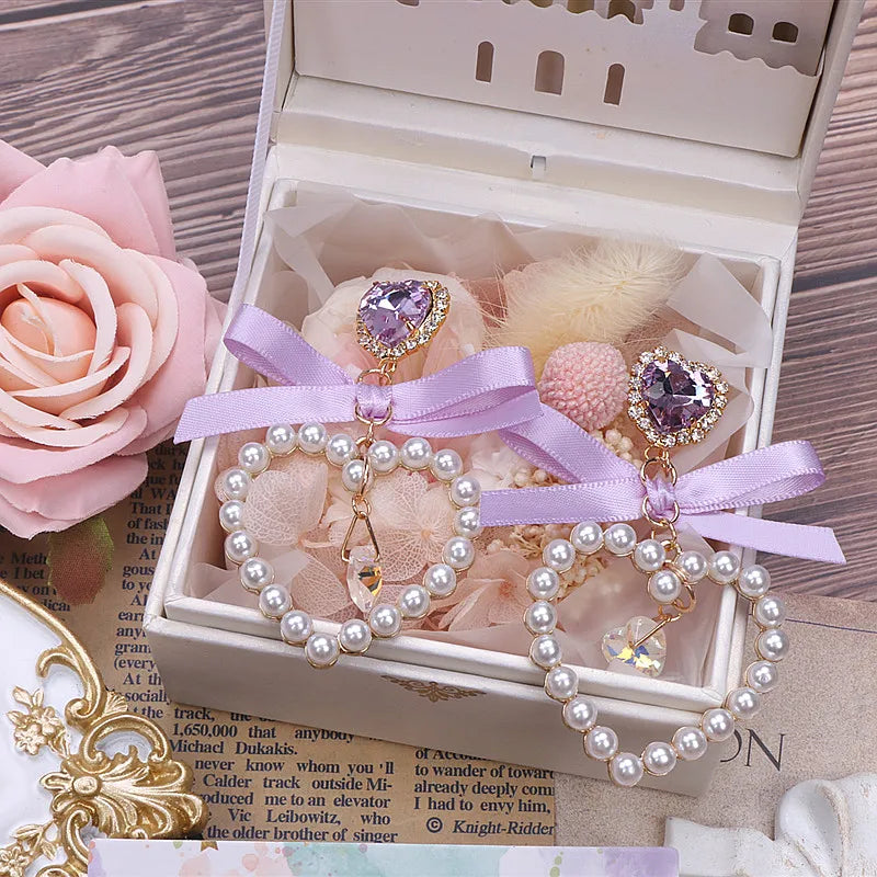 Dainty Japanese Style Women's Bow Earing Sweat Pearl Heart Earings Rhinestone Pendant Heart Earrings Accessories for Girl