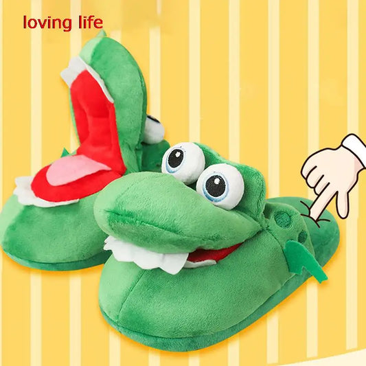 Cartoon Crocodile Cotton Slippers With Moving Mouth Funny Home Cotton Shoes Winter Walking Warm Christmas Gift For Men Women