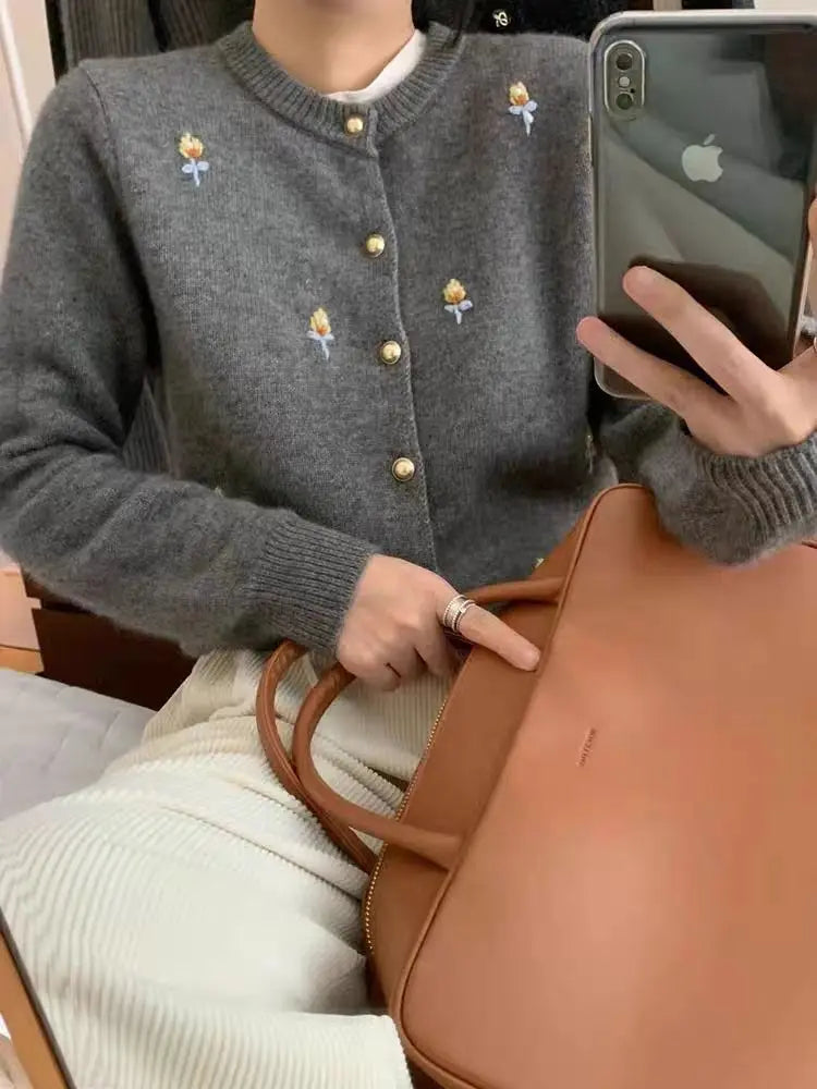 Grey Embroidered Raccoon Velvet Sweater Jacket for Women's Autumn and Winter 2024 New Lazy Style Korean Knitted Cardigan Top