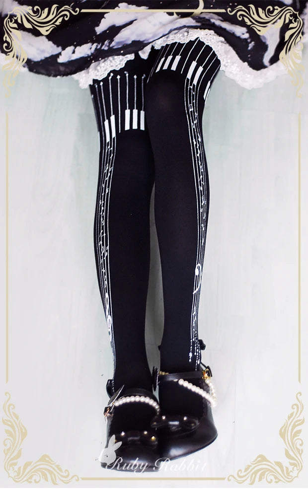 Original Design Girls Lolita Pantyhose Piano Printing Stockings Spring and Autumn Japanese Style Female Cotton Tights Socks