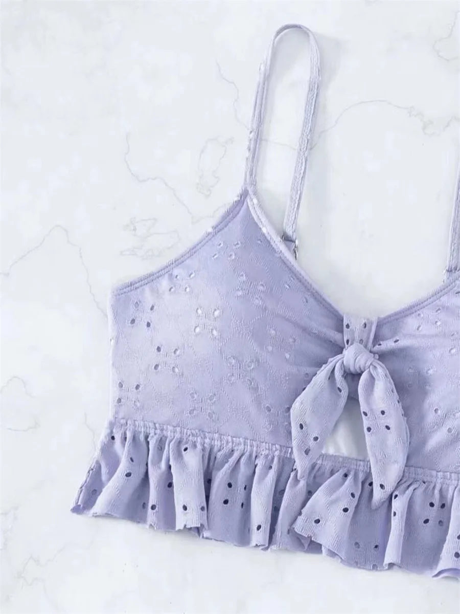 Sexy White 3 Piece Bikinis Set 2025 Women Halter Cut Out Tie Up Ruffles Push Up Skirt Swimsuit Bathing Suit High Waist Swimwear