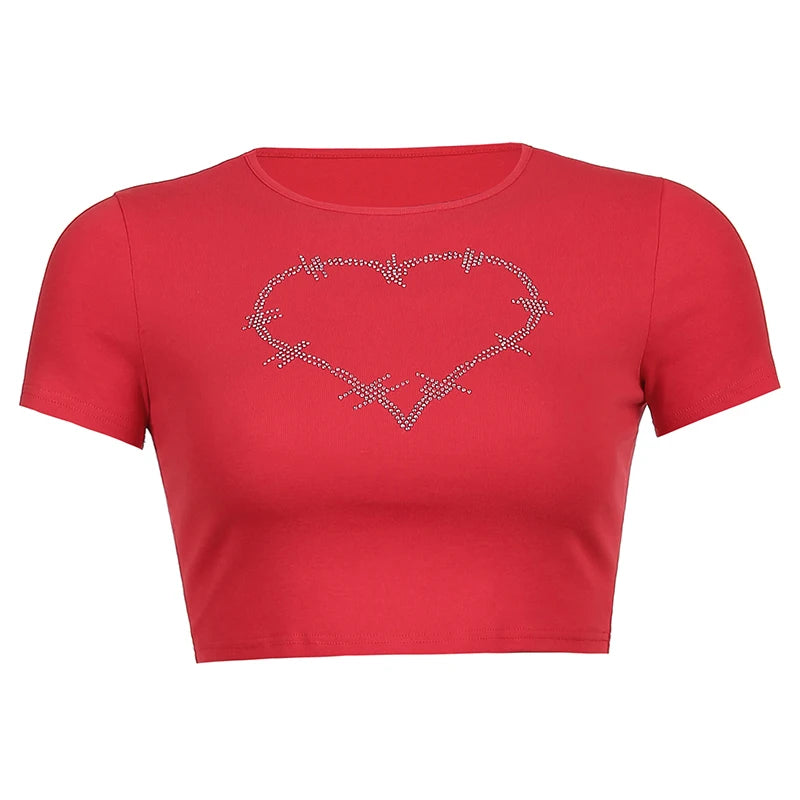 Women T-Shirt Y2k Style Crop Tops Tees Rhinestones Slim Graphic Summer Fashion Harajuku Streetwear Short Sleeve Women Clothes