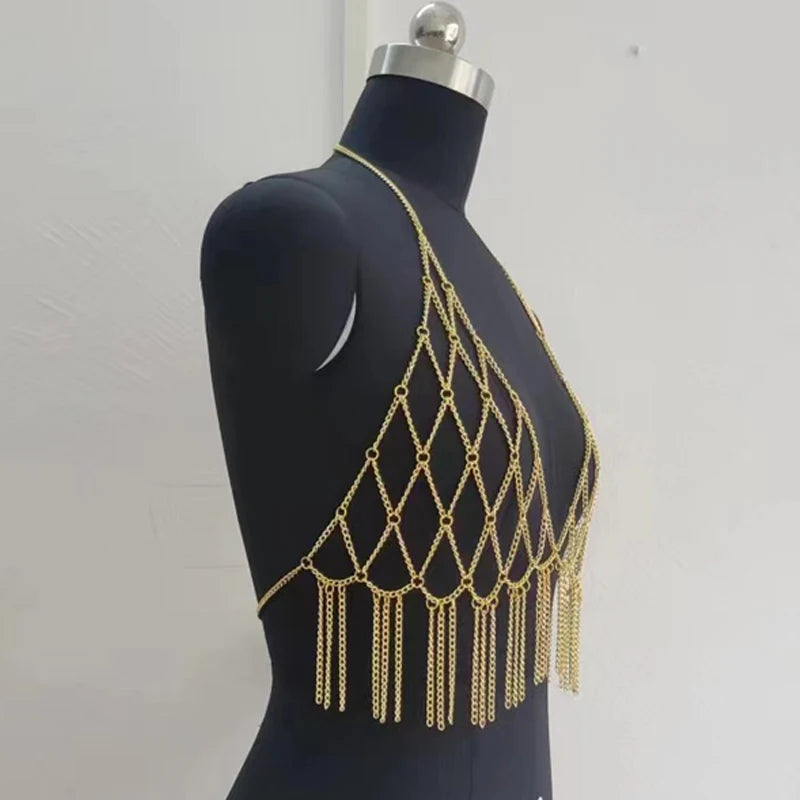 Shiny Body Chain Tank Top for Women Metallic Shining Detail Fringe Trim Halter Harness Bra Chain Festival Party Outfits Tops