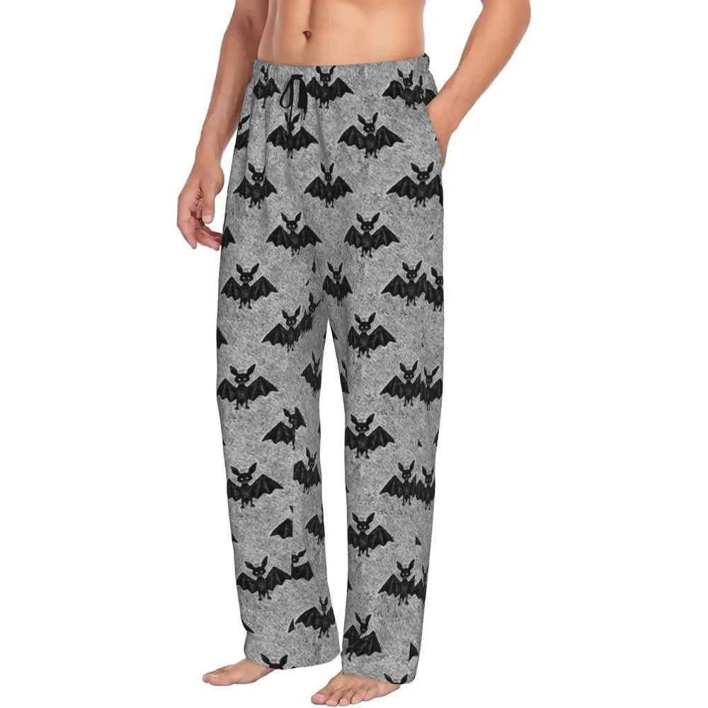 Custom Cute Spooky Halloween Bats Black And Purple Pajama Pants for Men Lounge Sleep Drawstring Sleepwear Bottoms with Pockets
