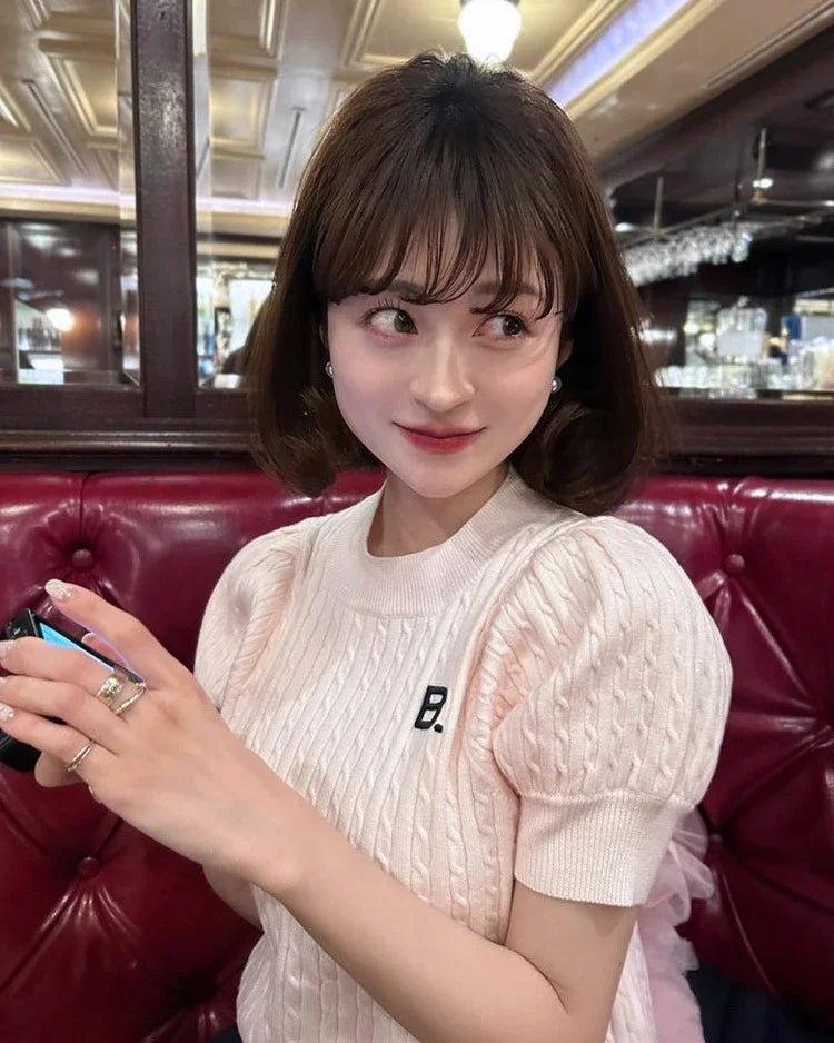 Japanese New Spring Ladies Sweet Bubble Short Sleeve Twist Knitted Top Sweater Letter Embroidered Pure Color Women's T-shirt