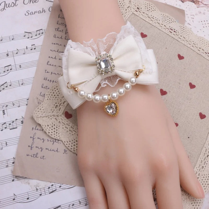 Ornate Mine Series  Handmade Ribbon Bow Bracelet Women Pearl Lace Chain Bow with Heart Pendant Lolita Accessories Bracelet