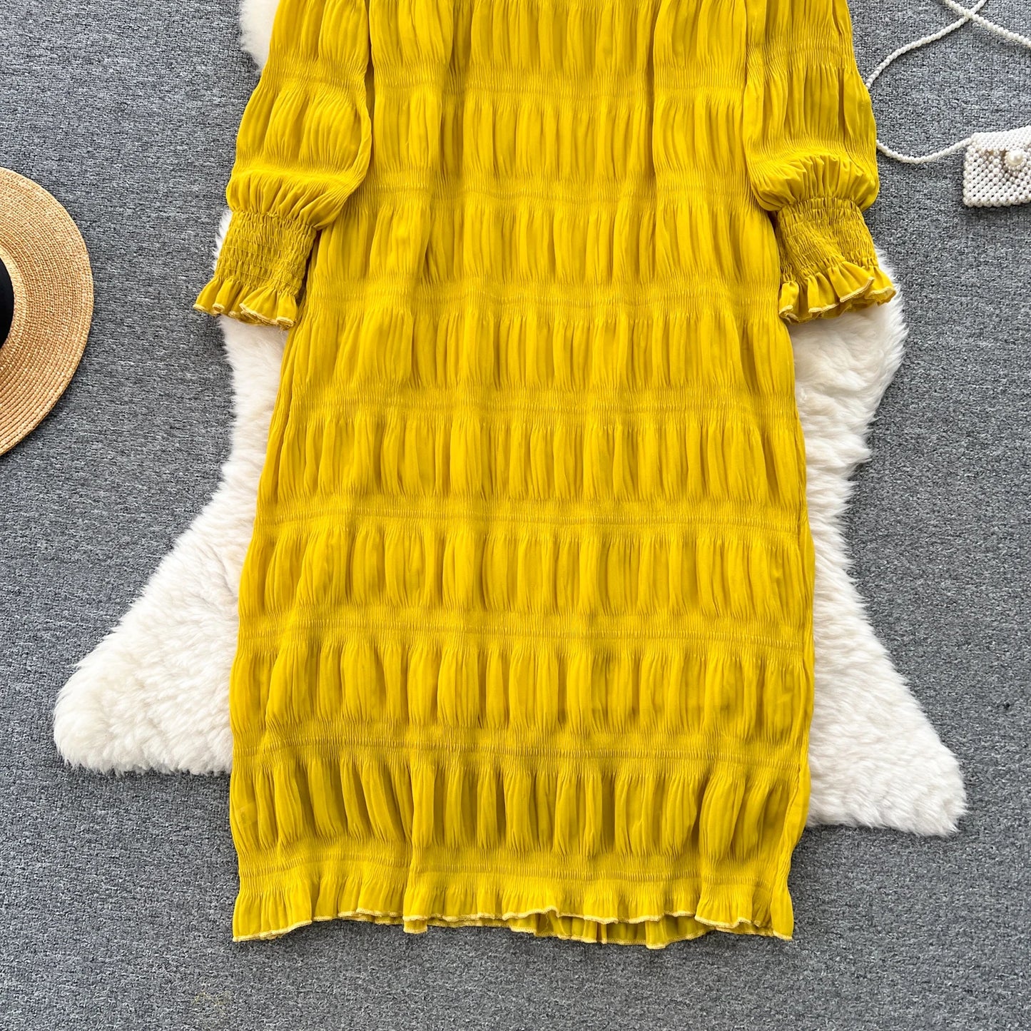 Autumn Vintage Women Draped Loose Midi Dress Elegant Round Collar Puff Long Sleeve Robe Casual Yellow/Burgundy/Green Vestido New