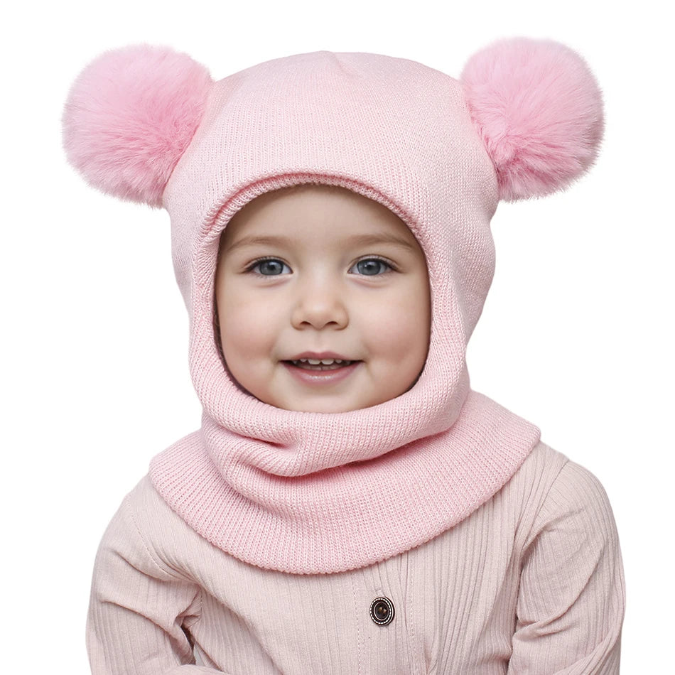 Kids Autumn Winter Pullover Hat Children's Double Ball Ear Protection One-piece Hats Baby Yarn Knit Cap Balaclava Christmas Gift