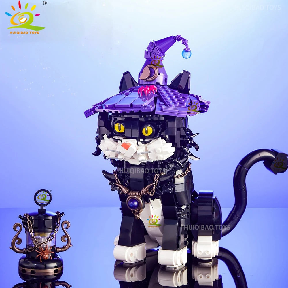 HUIQIBAO Halloween Wizard Cat Dog Ghosts Pumpkin Houses Model Building Block DIY Haunted House Bat Bricks Toys for Adult Gift