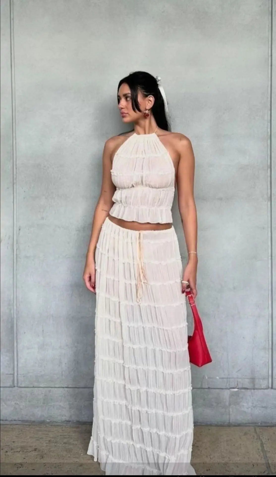 Solid Hang Neck Long Skirt Suit For Women Halter Backless Sling Top Lace Up Fold Maxi Skirt 2024 Hot Fashion Female 2 Piece Set