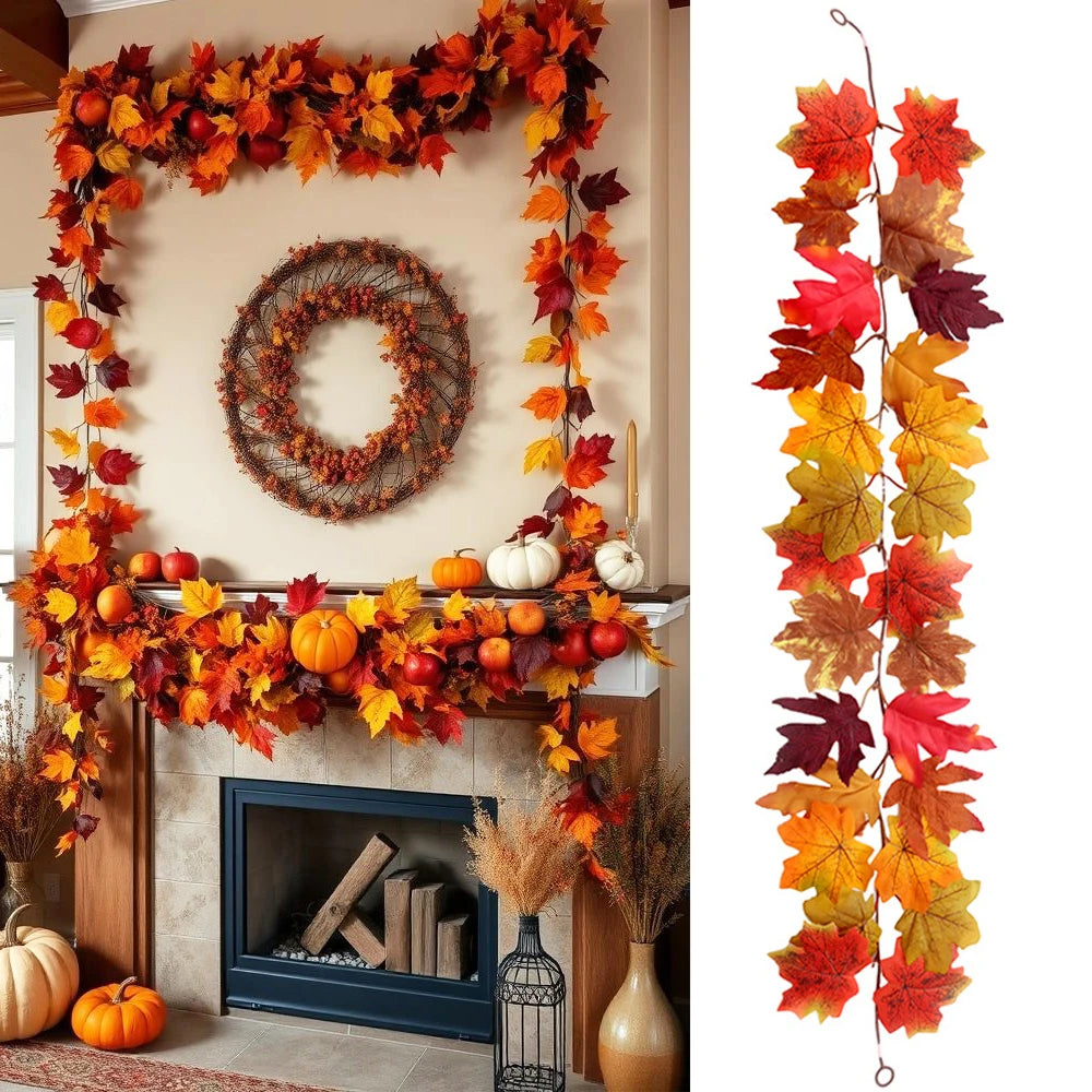 Thanksgiving Decorations Fall Maple Vine Garland Artificial Autumn Fall Foliage Garland Wedding Fireplace Decor Halloween Party
