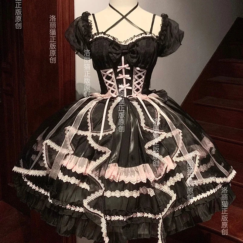 Lolita Sweet Girl Princess Dress Spring and Summer Off Shoulder Women's Short Sleeve Slim OP/JSK Short Ball Gown Dress