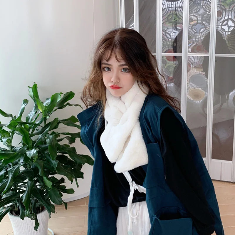 FAITOLAGI Korean Winter Faux Rabbit Fur Women Scarf Soft Plush Snood Scarves Solid Color Neck Collar Warmer Stuff Christmas Gift