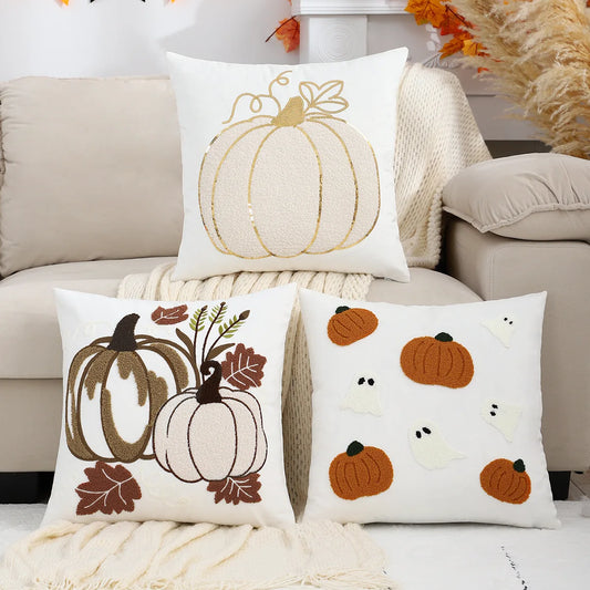 White Halloween Pillowcase Funda Cogines De 45x45 Pumpkin Velvet Embroidery Thanksgiving Decoration Sofa Pillow Cushion Covers