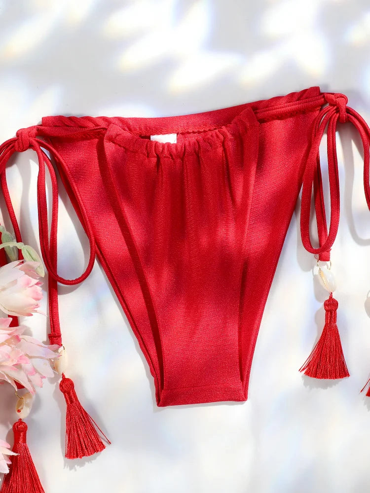 ZRTAK String Beachwear Shell Tassels Red Bikinis Sexy Swimsuit Women Two Piece Biquini Bathing Suit Swimwear Triangle Bikini Set