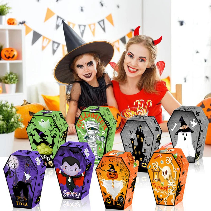 12pcs Halloween Coffin Shape Snack Box Skull Bat Ghost Goodie Boxes for Happy Halloween Party Decor Supply Trick or Treat Box