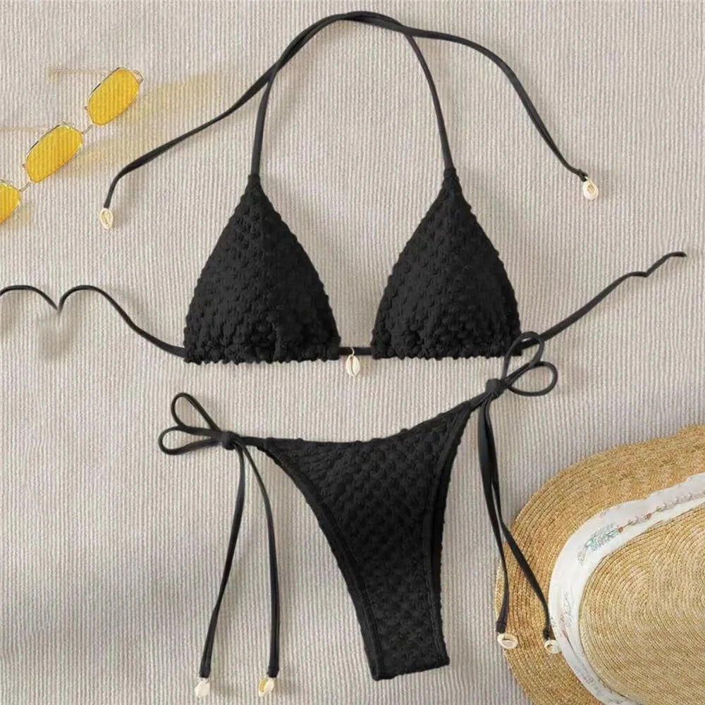 White String Micro Bikini Thong Sexy Swimsuit Women 2025 Shell Decorate Swimwear Bathing Suit Halter Triangle Bikinis Sets Mujer