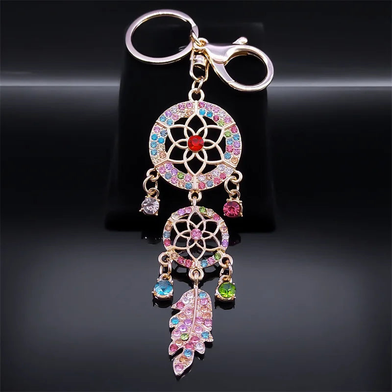 Aesthetic Dream Catcher Key Chain for Women Men Rhinestone Metal Gold Color Y2K Girl Dreamcatcher Keyring Jewelry K9017S02
