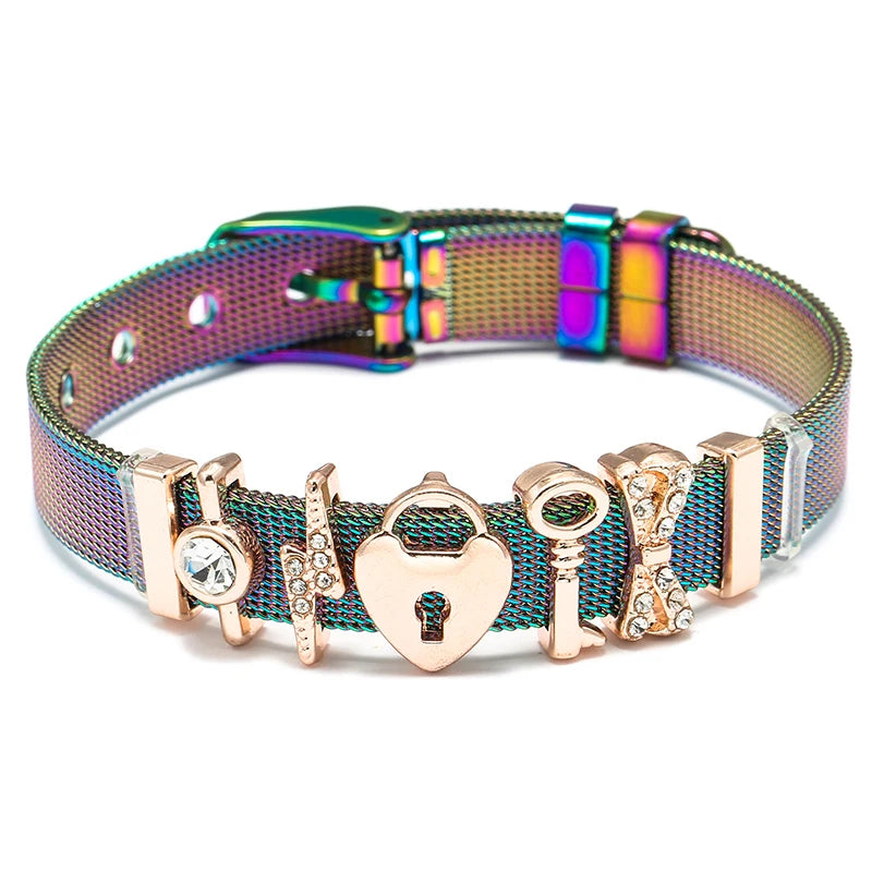 Silver Color Stainless Steel Mesh Bracelets For Women Crystal Santa Claus Beads Charm Watch Belt BraceletsBangles Christmas Gift