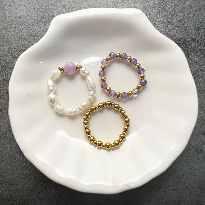 Boho Purple Tourmaline Ring Sets For Wedding Fashion Handmade Jewelry Freshwater Pearl Women Rings Stainless Steel