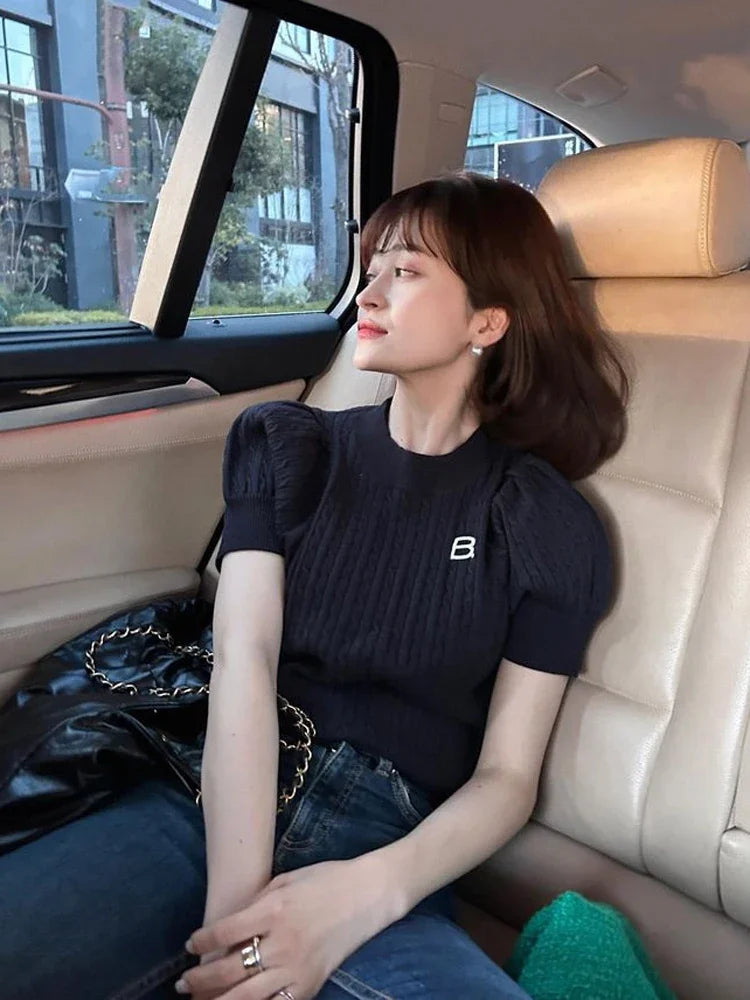 Japanese New Spring Ladies Sweet Bubble Short Sleeve Twist Knitted Top Sweater Letter Embroidered Pure Color Women's T-shirt