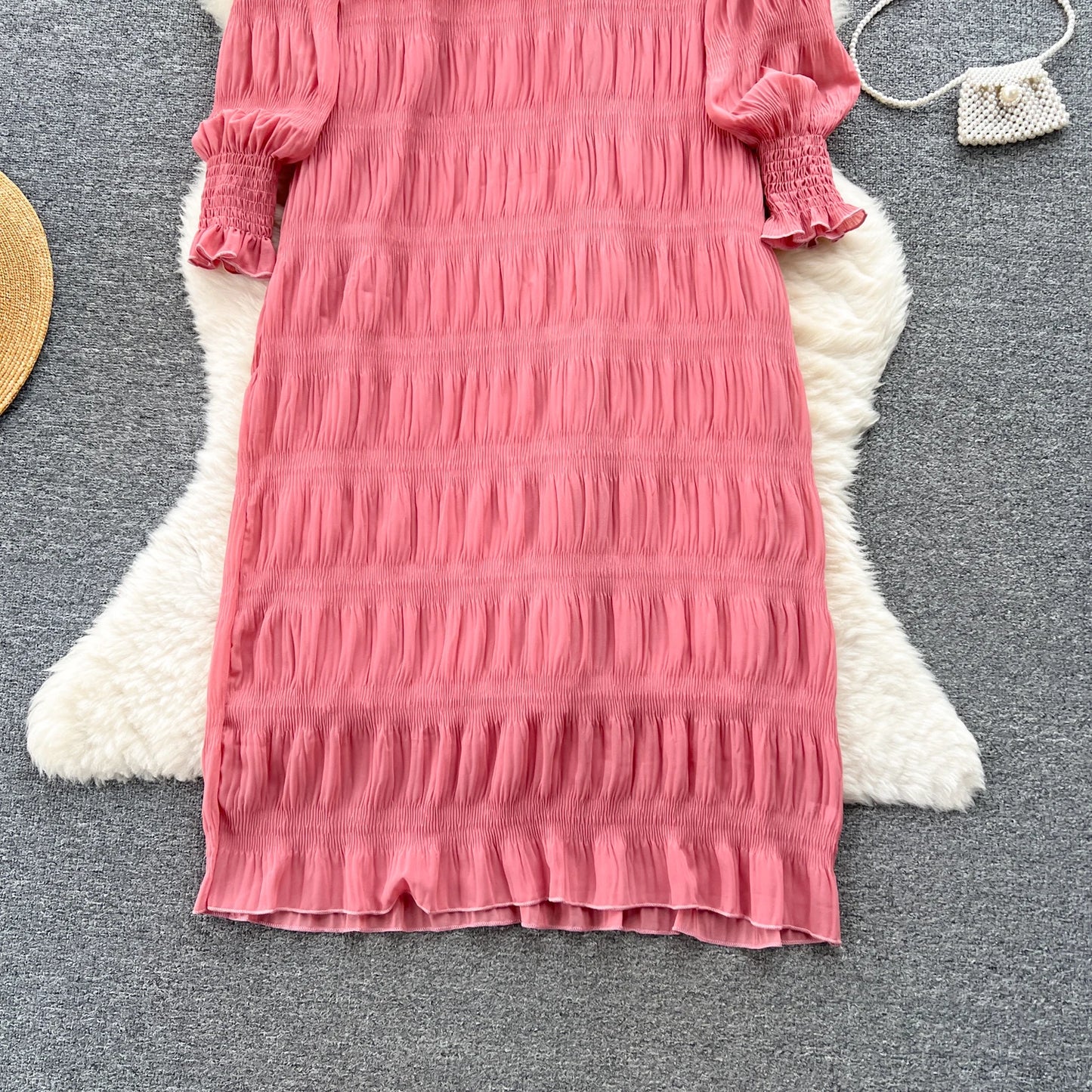 Autumn Vintage Women Draped Loose Midi Dress Elegant Round Collar Puff Long Sleeve Robe Casual Yellow/Burgundy/Green Vestido New