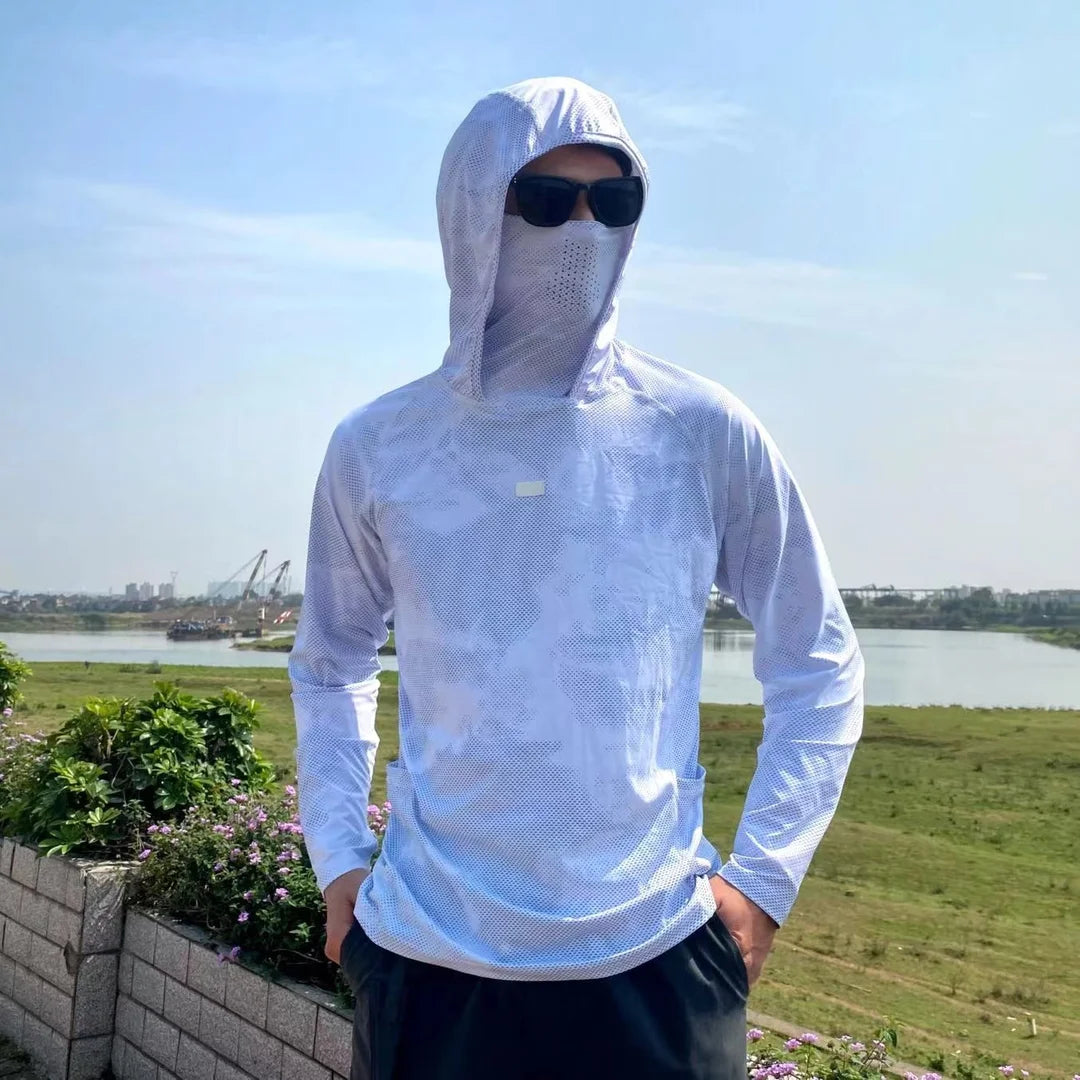Sun Protection T-Shirts Men Fishing Hooded Outdoor Lightweight Mask Pullover Quick Drying Breathable Anti-UV Cool Sunscreen Tee