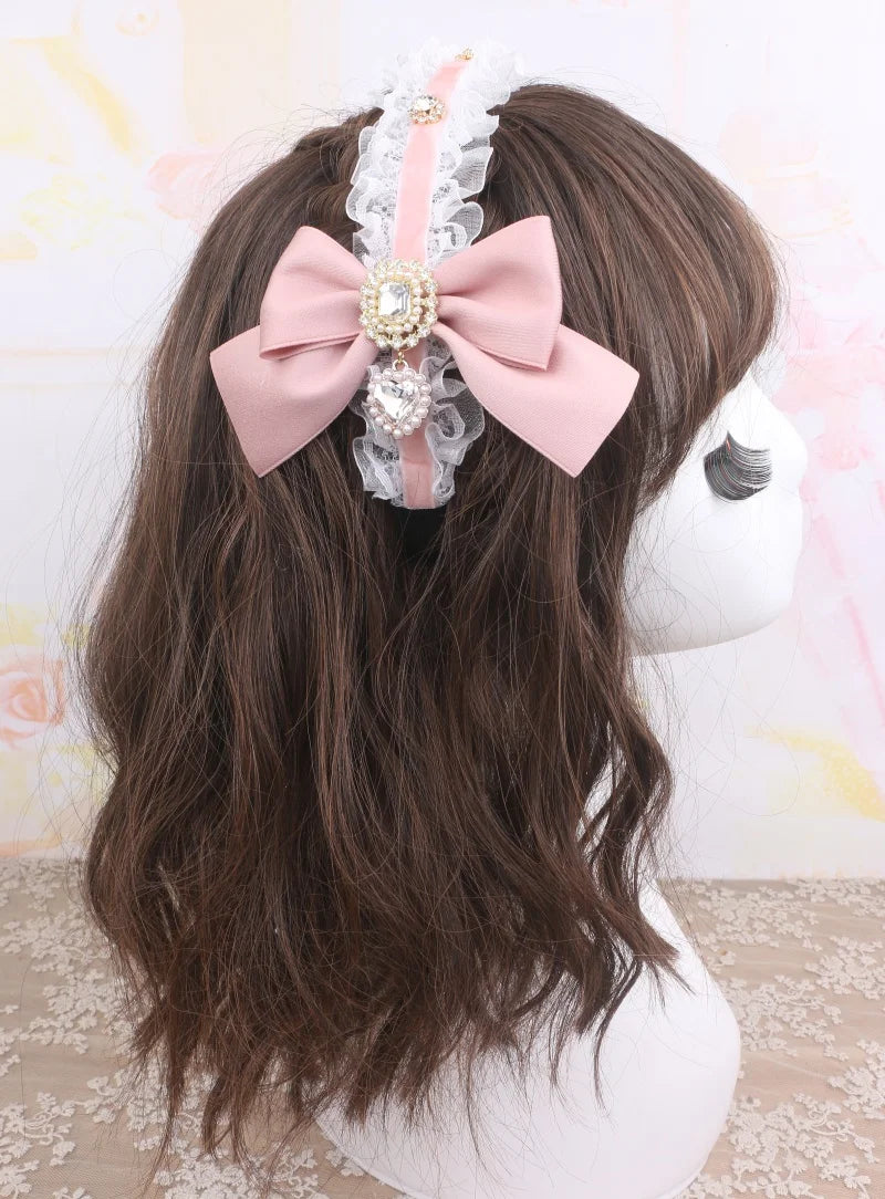 Sweet Hair Accessories Bow Head Band for Women Kawaii Lolita Diamond Bowknot Ruffles Hairbands Soft Girl Headwear