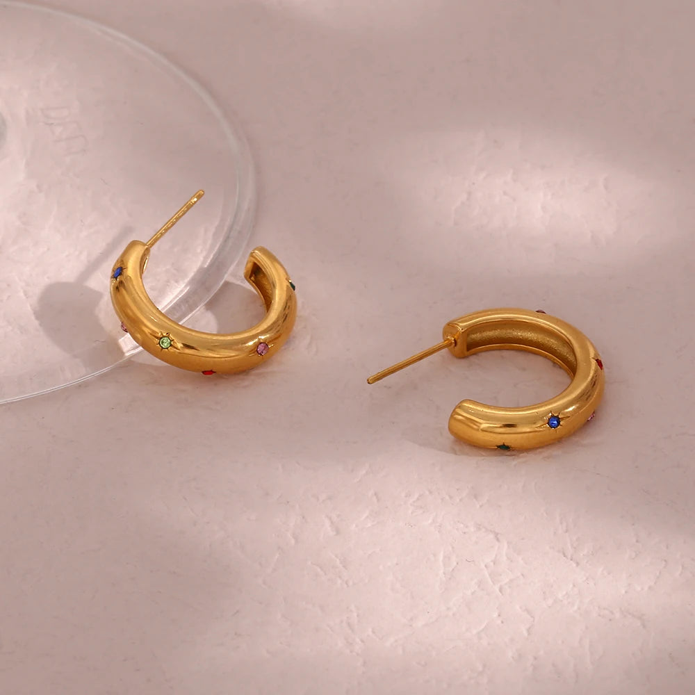 E B belle Official Store Stainless Steel Green Colorful 3A Zircon Stone Paved Hoop Earrings For Woman Golden Earring