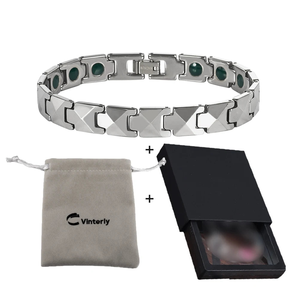 Vinterly Arrow Bracelets Tungsten Carbide Green Tourmaline Health Energy Link Chain Jewelry for Men Waterproof Anti-scratch 21cm