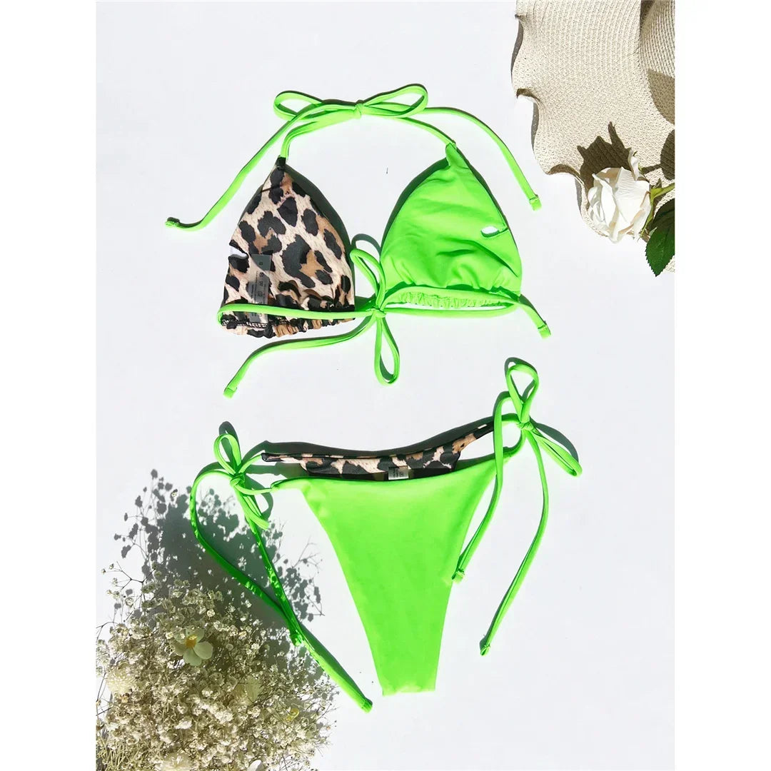 Halter Splicing Leopard Bikinis 2025 Satin Bikini Female Swimsuit Women Swimwear Two-pieces Bikini Set Micro Bathing Suit Swim