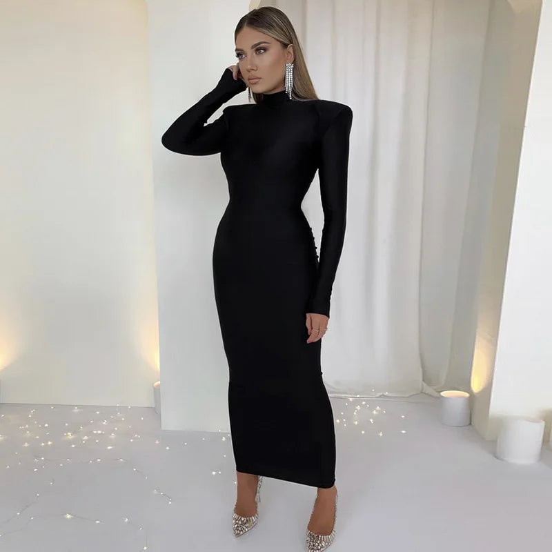 Shoulder Padded Long Sleeve Bodycon Green Party Club Maxi Long Dress 2023 Spring Autumn Women Fashion Elegant Clothes