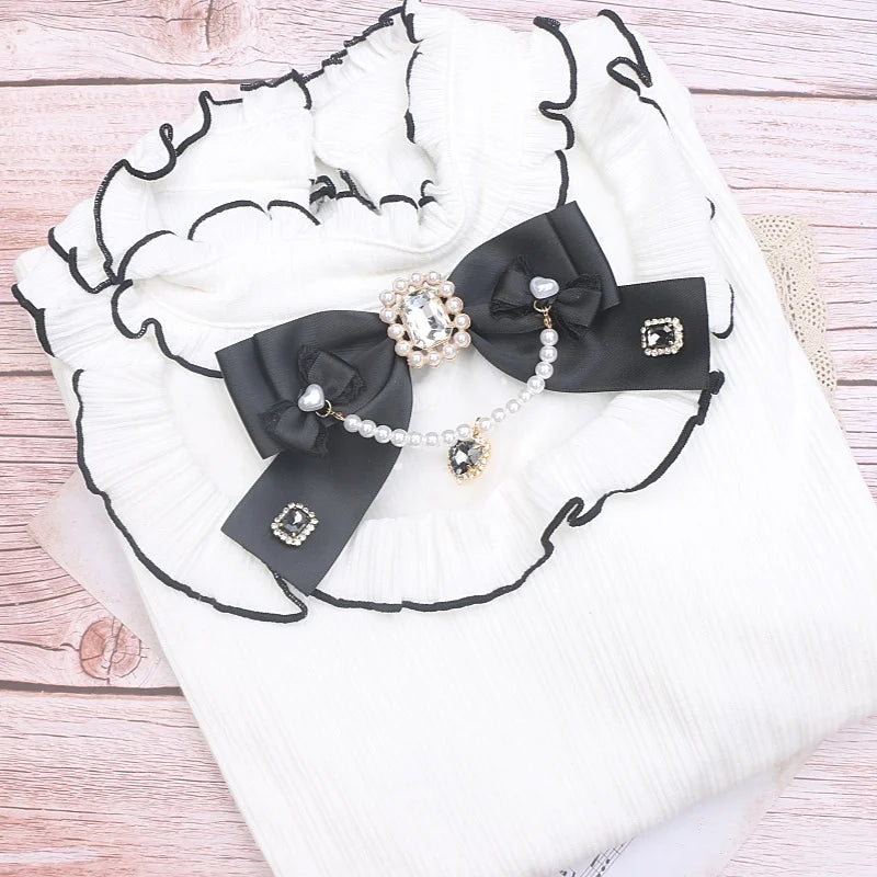 Beaded Ribbon Neck Tie Lolita Girl Bow Tie Women's Big Bow Larme Kei Heart Pearl for Collared Shirt Jfashion Brooch Accessories