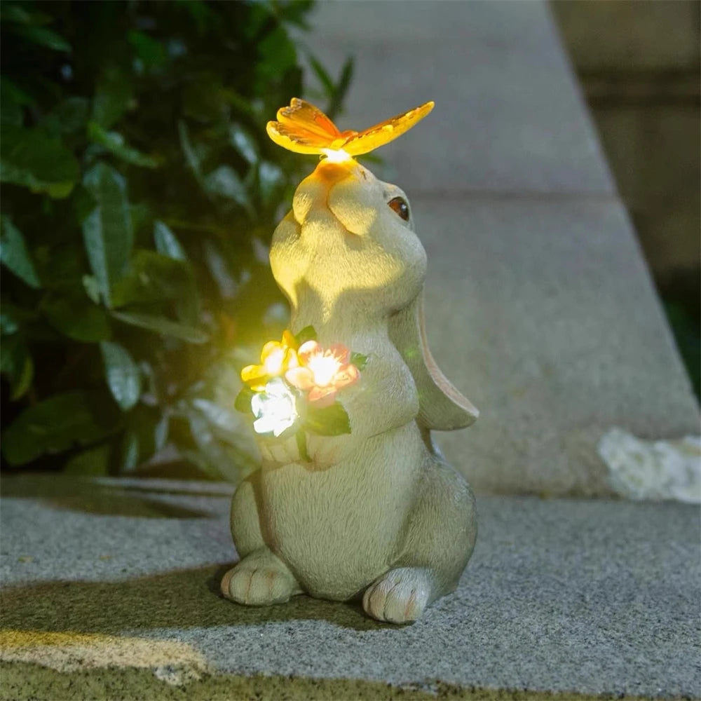 Solar Bunny Statue Garden Decor with Butterfly LED Light Resin Animal Sculpture Figurine Outdoor Decoration for Garden Courtyard