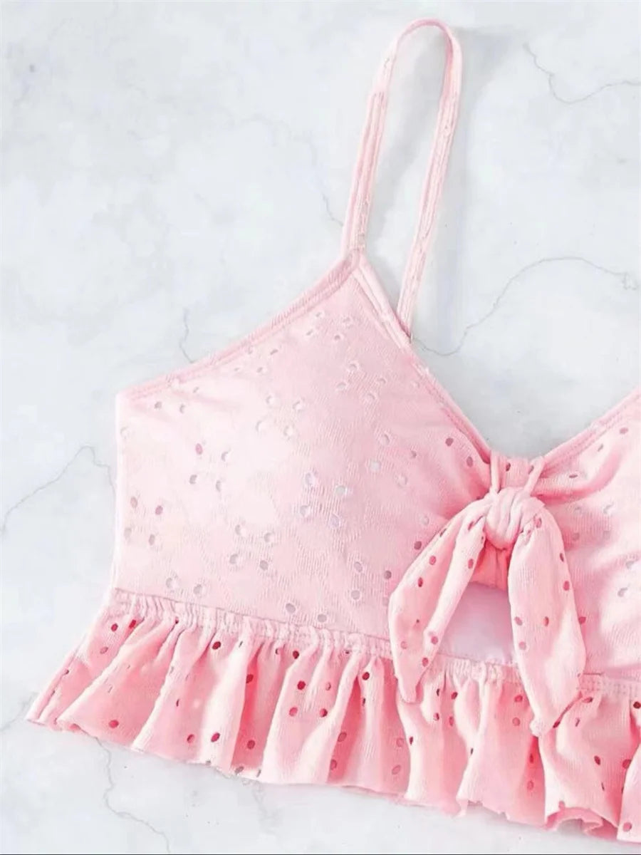 Sexy White 3 Piece Bikinis Set 2025 Women Halter Cut Out Tie Up Ruffles Push Up Skirt Swimsuit Bathing Suit High Waist Swimwear