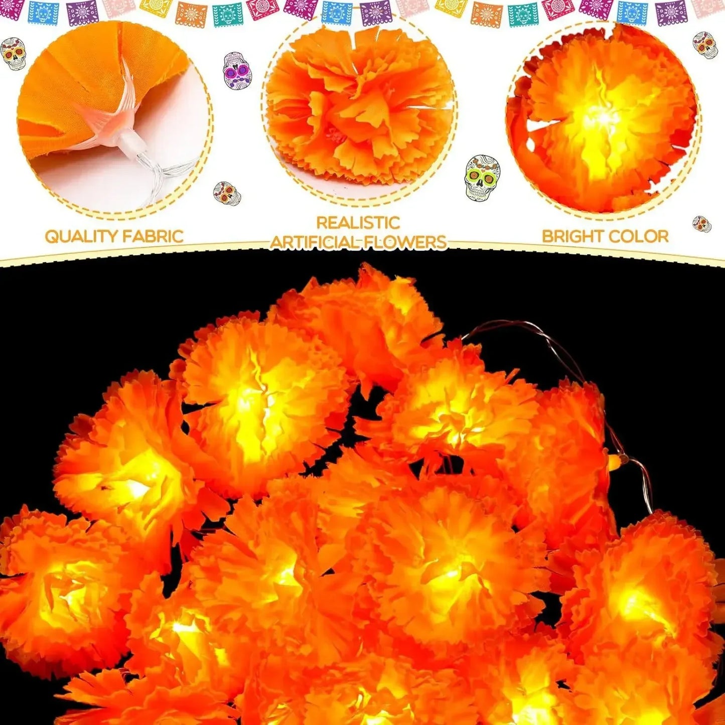 Marigold Flowers LED Light String Halloween Artificial Marigold Garland Battery Powered Lamp Halloween Outdoor Party Decorations