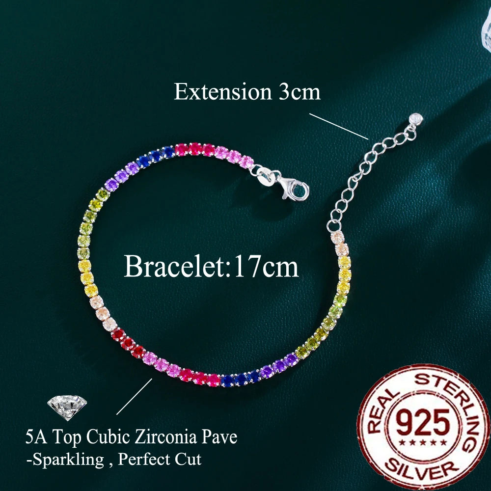 CWWZircons Sterling Silver 925 Multicolor Rainbow Tourmaline Tennis Chain Bracelets for Women Party Colorful CZ Jewelry SB018