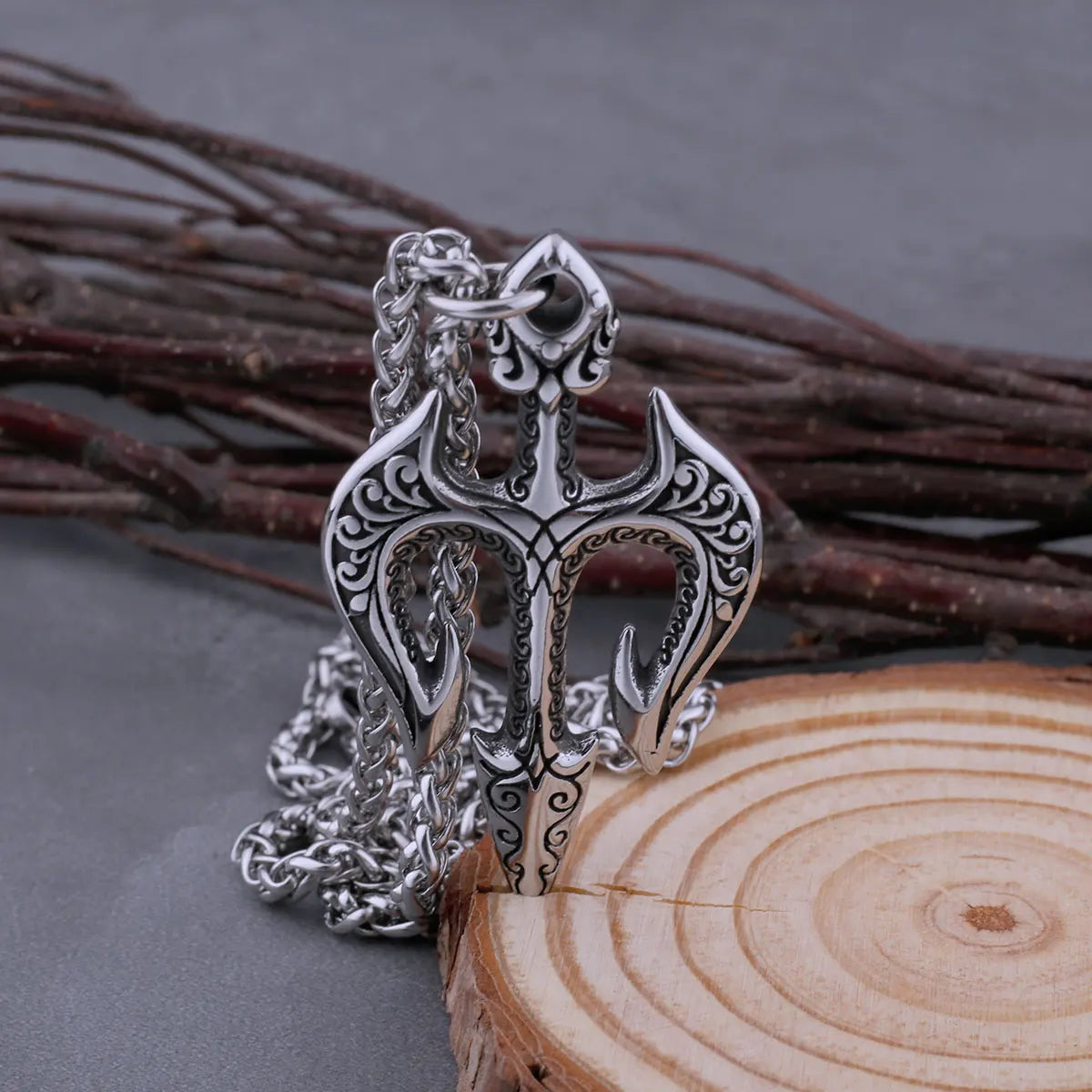 316L Stainless Steel Greek Mythology Poseidon Trident Necklace Fashion Retro Hip Hop Street Men and Women Amulet Pendant Jewelry