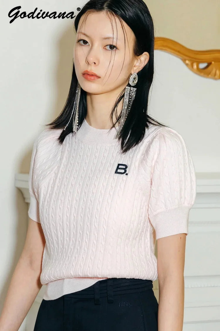 Japanese New Spring Ladies Sweet Bubble Short Sleeve Twist Knitted Top Sweater Letter Embroidered Pure Color Women's T-shirt